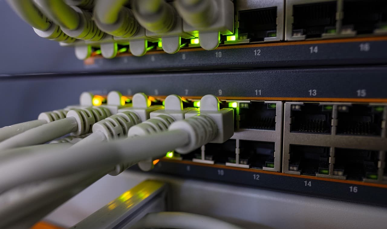 Deux commutateurs réseau empilés, ports numérotés de 8 à 16 sur des bandeaux orange, jarretières ethernet grises enfichées, voyants verts et ambre allumés.